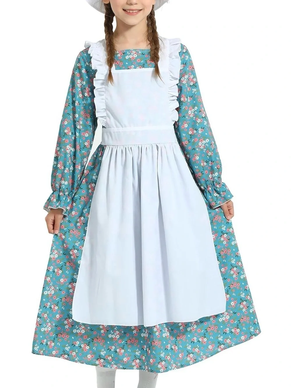Girls Teal Floral Prairie Dress with White Apron